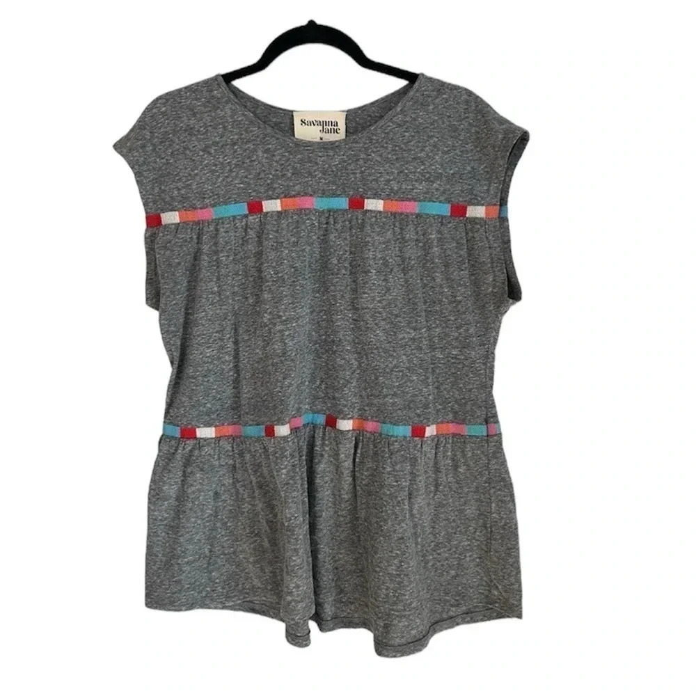 Savanna Jane Women’s Sleeveless Gray Top with Multicolor Stripes Size M GUC